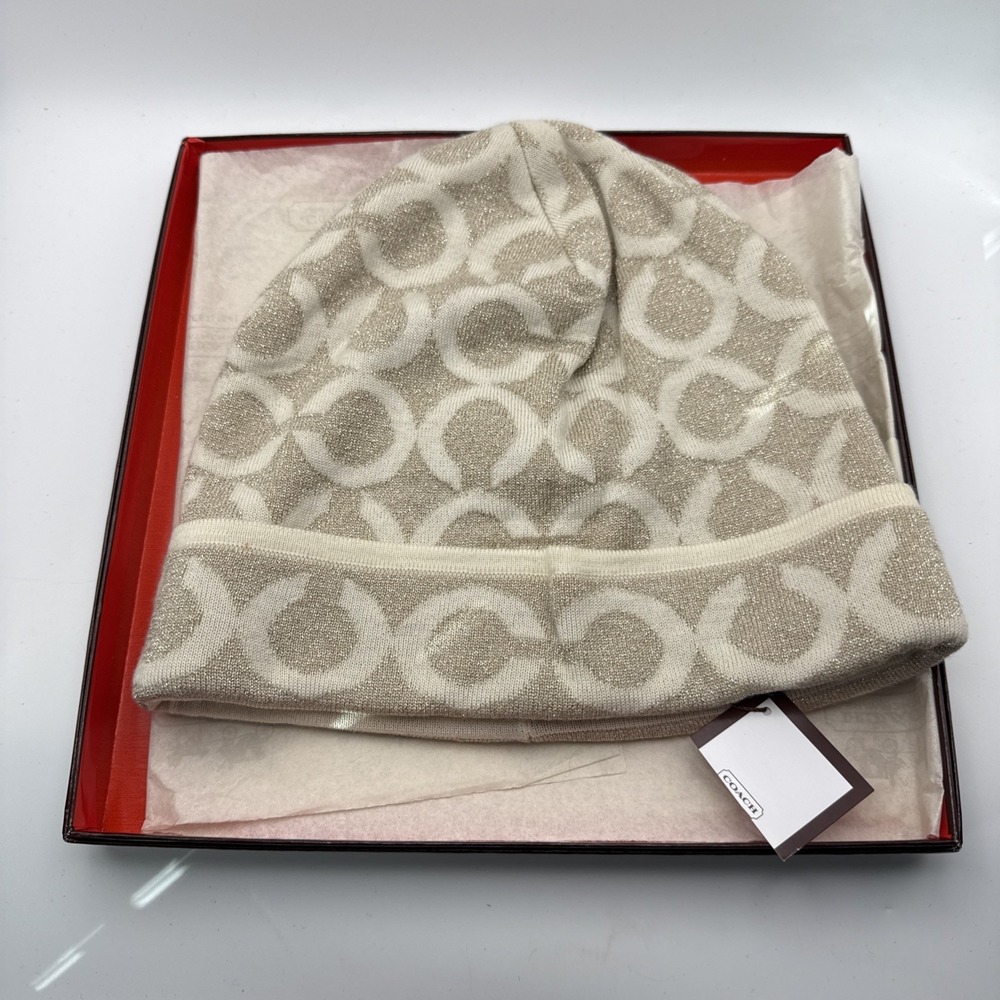 Coach  Cream Glitter Beanie Hat Logo One Size 100% Merino Wool -Cut Tag + Box